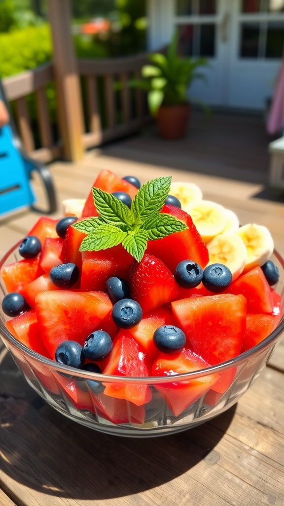 A bowl of Cloud 9 Fruit Salad with watermelon, strawberries, blueberries, and bananas garnished with mint.